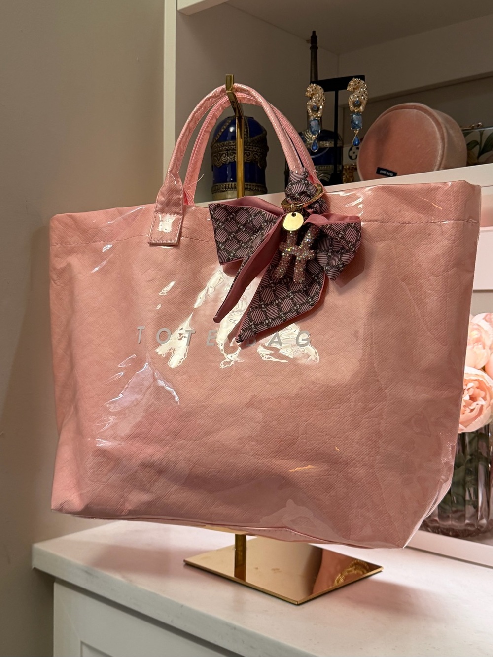 Pink vinyl wrapped Tote Bag with Decorative scarf Bow + H charm LUX VIBE VIRAL